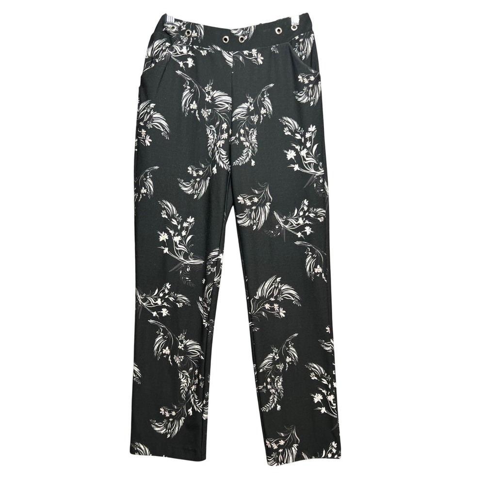 Lysse Black Knit Pants Grommet Waist Straight Leg Floral Print Pull On Small